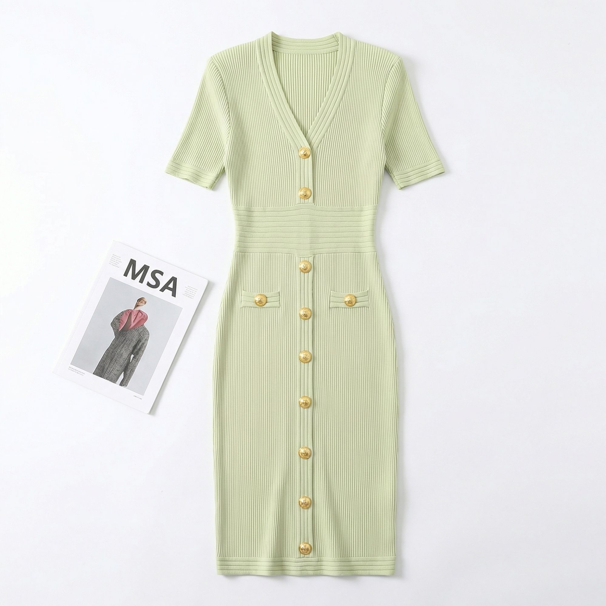  Gold Button Knit Bodycon Midi Dress