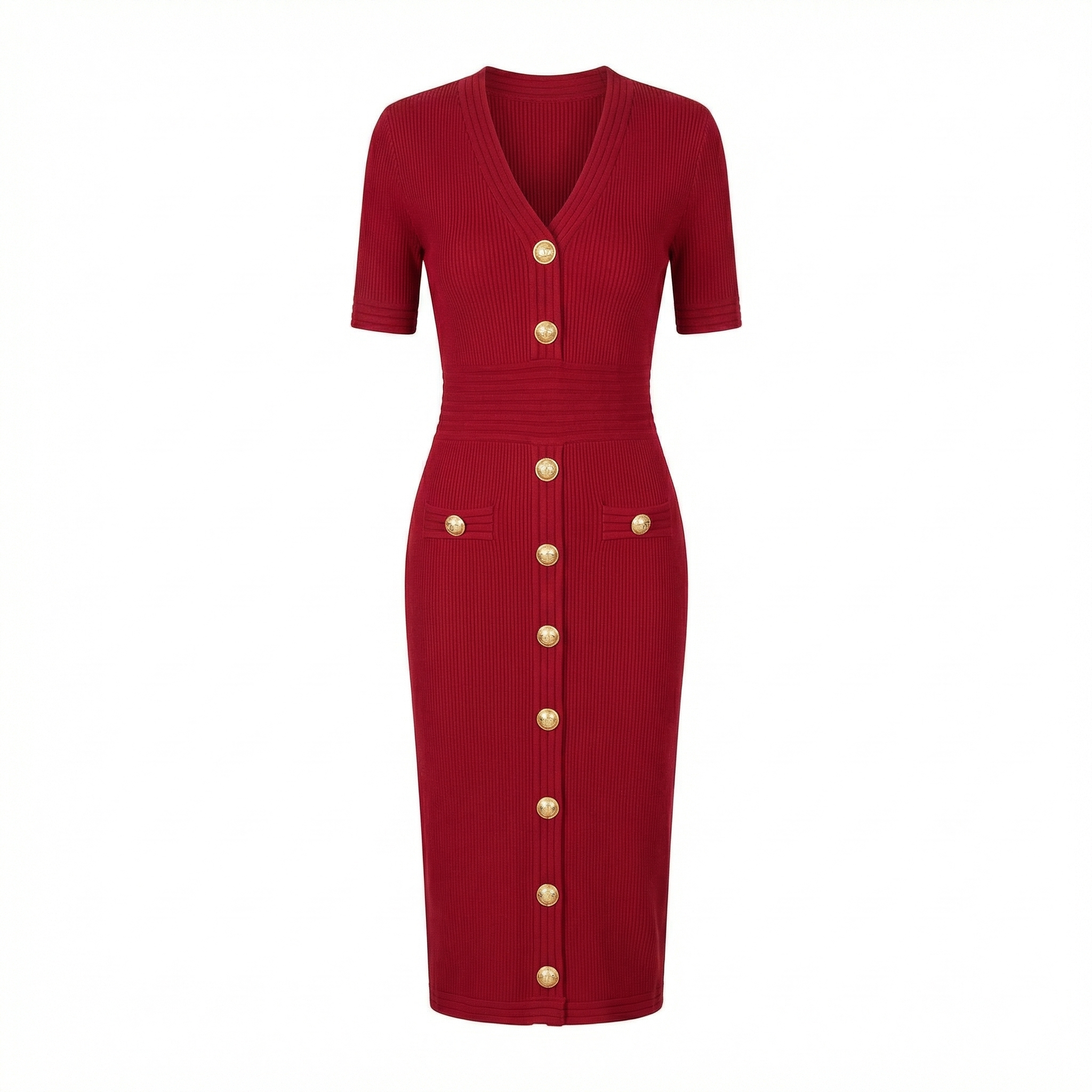  Gold Button Knit Bodycon Midi Dress