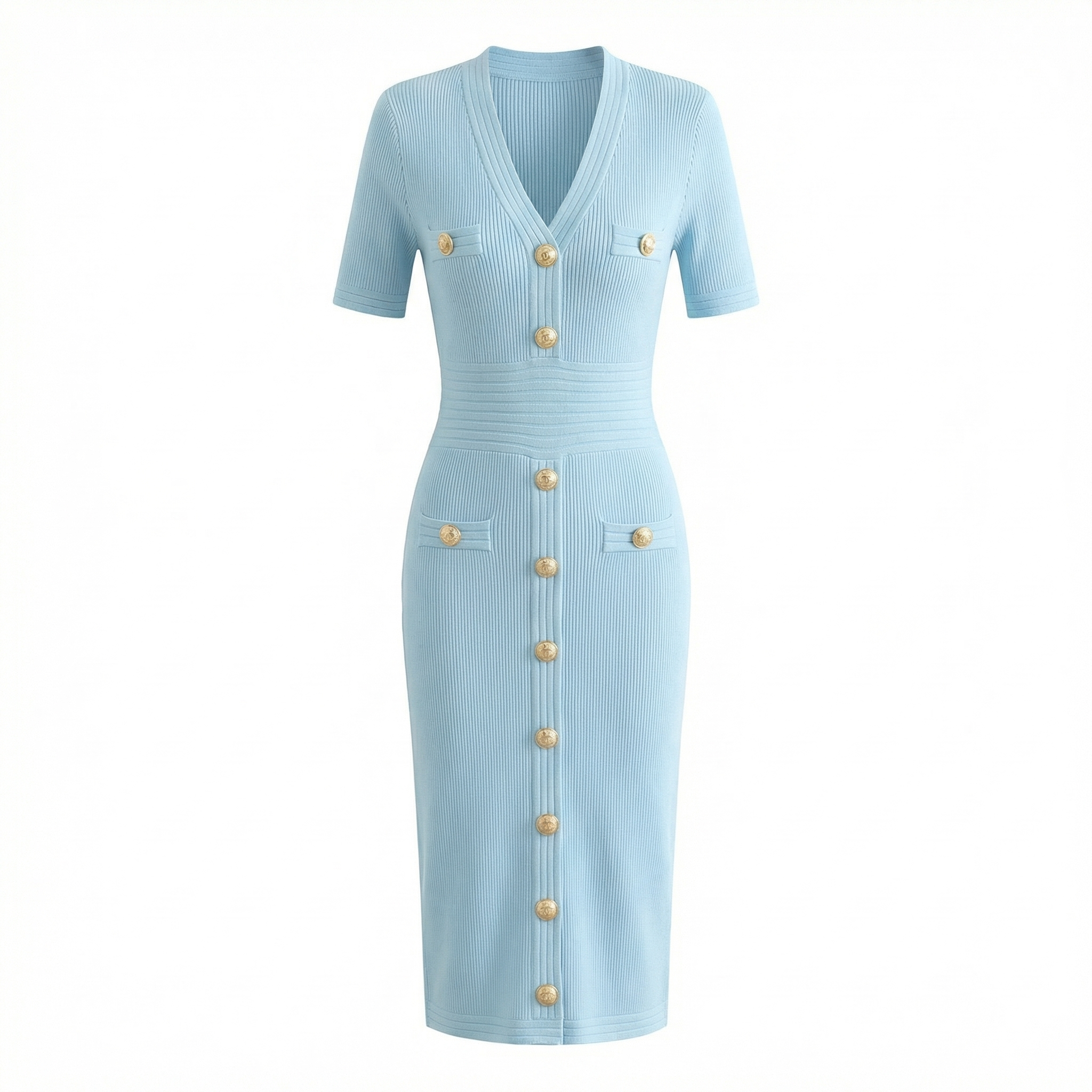  Gold Button Knit Bodycon Midi Dress