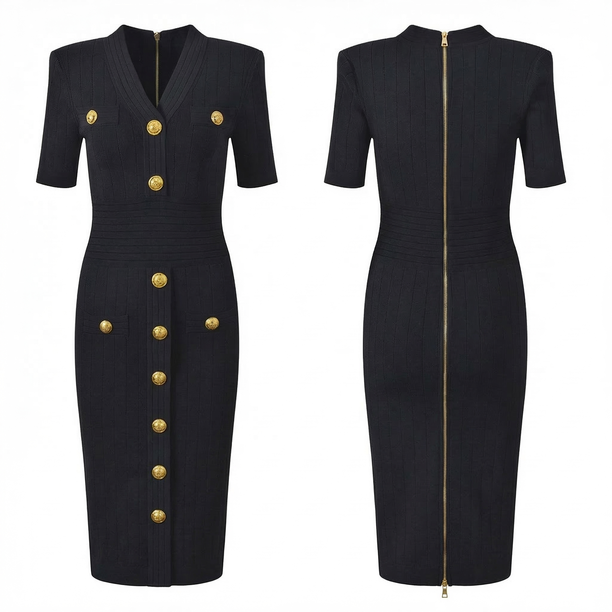  Gold Button Knit Bodycon Midi Dress