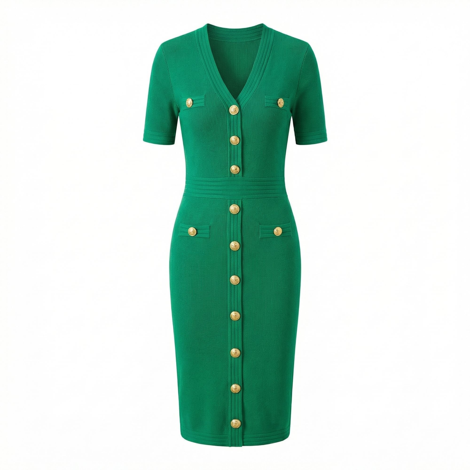  Gold Button Knit Bodycon Midi Dress