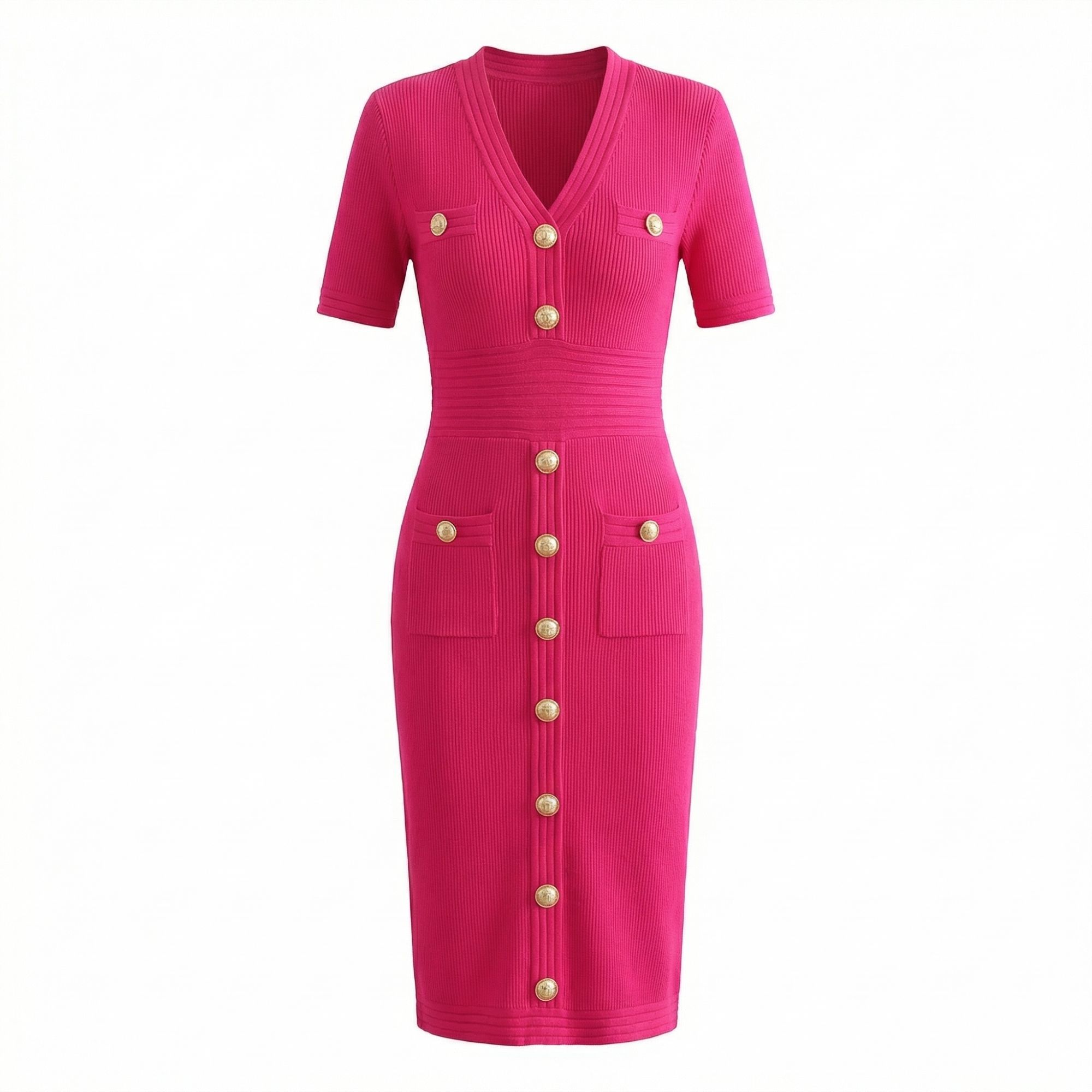  Gold Button Knit Bodycon Midi Dress