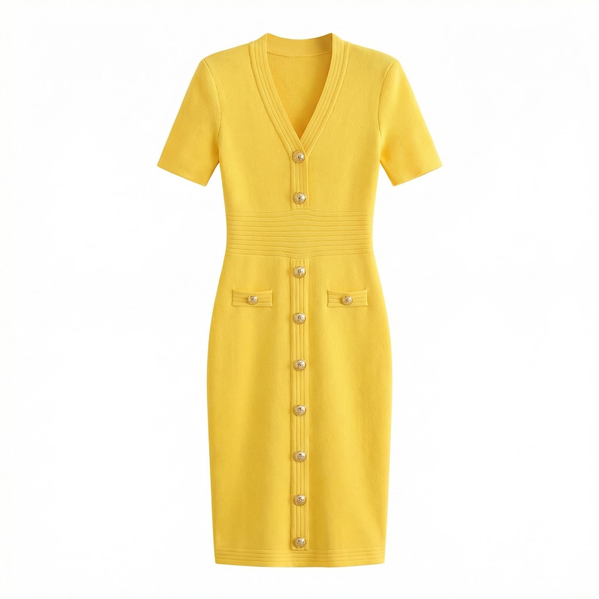  Gold Button Knit Bodycon Midi Dress