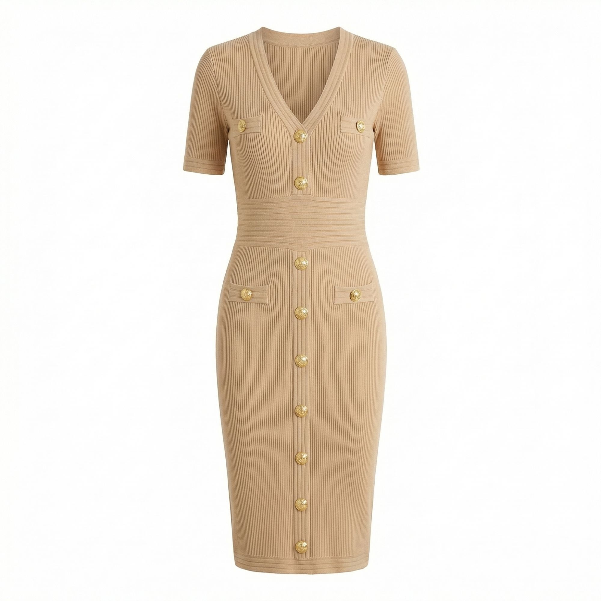  Gold Button Knit Bodycon Midi Dress