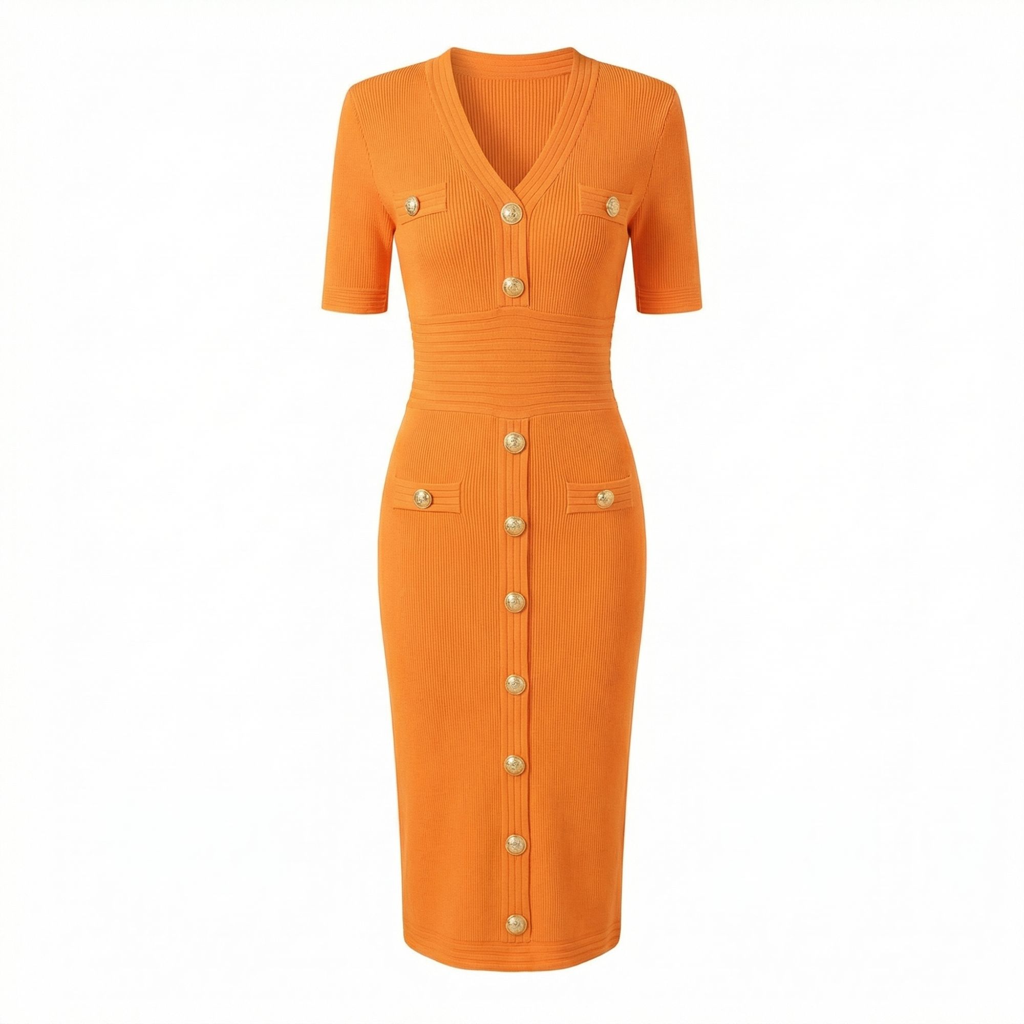  Gold Button Knit Bodycon Midi Dress