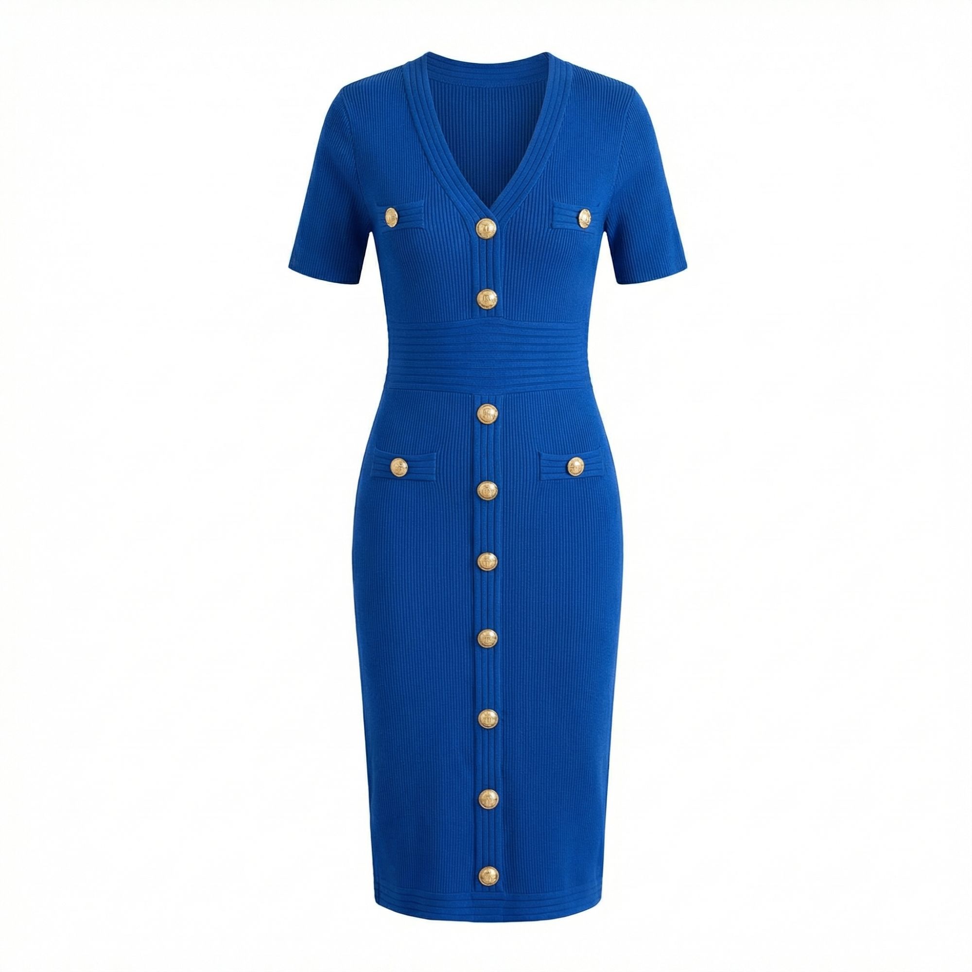  Gold Button Knit Bodycon Midi Dress