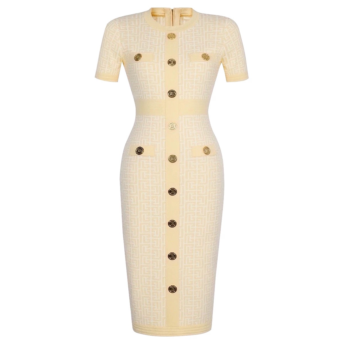 Elegant Monogram Knit Bodycon Dress with Gold Buttons