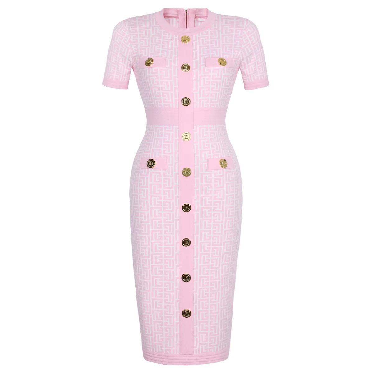 Elegant Monogram Knit Bodycon Dress with Gold Buttons