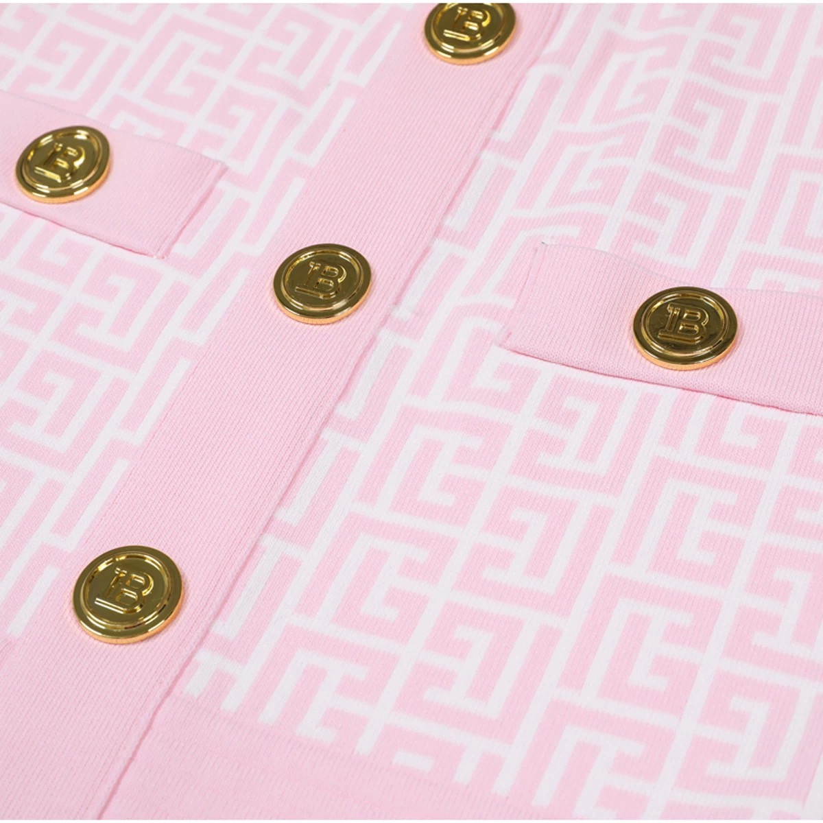 Elegant Monogram Knit Bodycon Dress with Gold Buttons