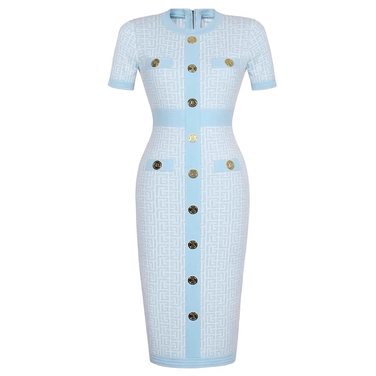 Elegant Monogram Knit Bodycon Dress with Gold Buttons